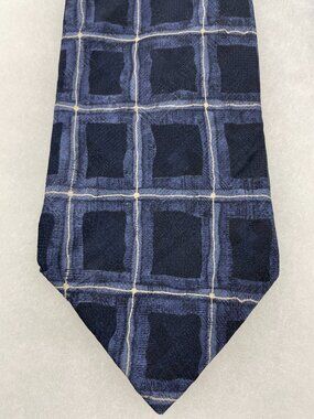 Bill Blass Silk Tie Navy Blue Abstract Geometric Grid Pattern Art Deco Modern